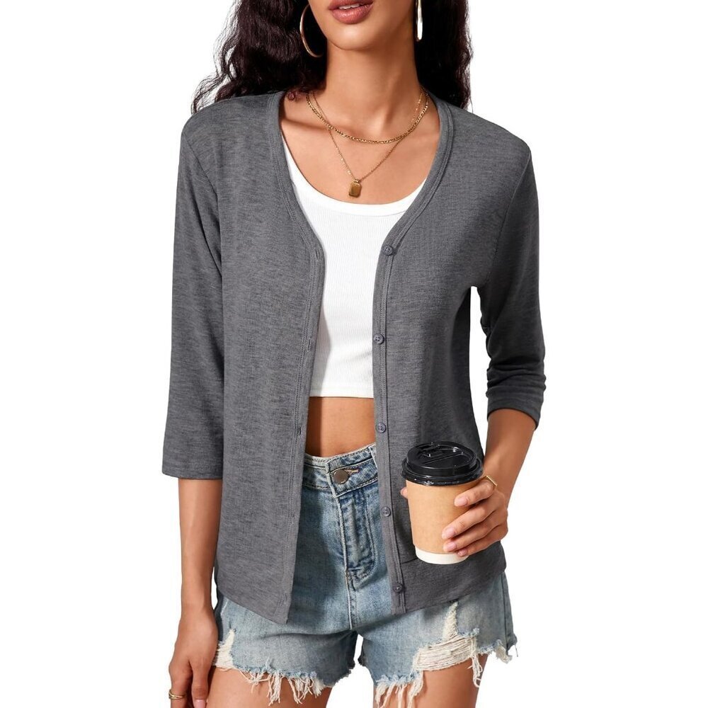 Women’s Light Gray 3/4 Sleeve Button Cardigan Knit Sweater Casual Dressy